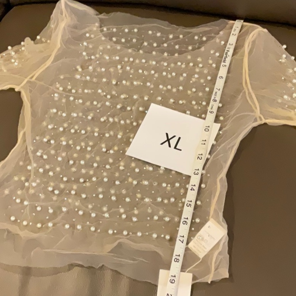 Sheer mesh pearl shiny rhinestone long sleeve blouse - Picture 13 of 16